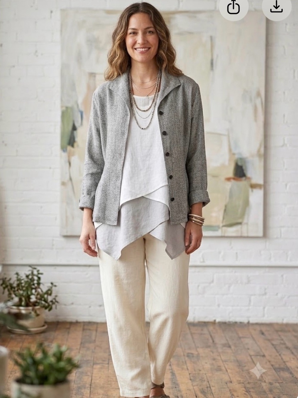 FLAX Linen Button Front Jacket Shirt Layering Top Neutral Melange Size Small